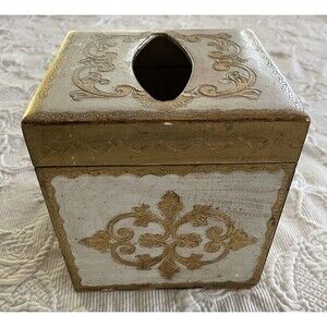 HORCHOW Florentine Square Cube Tissue Box Holder Cover Gold Cream Made in Italy